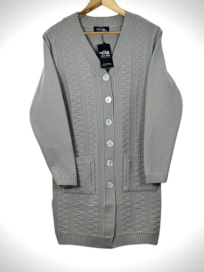 Cozy&Drape grey long-line knit cardigan with V-neck, button-front closure, and two front pockets on a wooden hanger.
