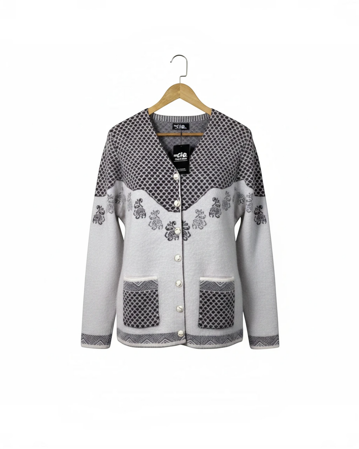 Cozy&Drape button-up knit cardigan in grey with floral and geometric patterns, V-neck, and two front pockets.