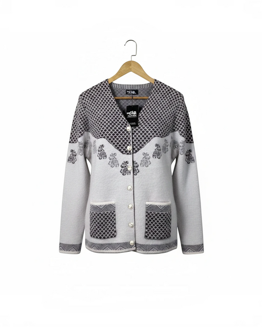 Cozy&Drape button-up knit cardigan in grey with floral and geometric patterns, V-neck, and two front pockets.