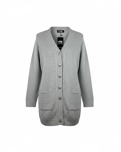 Cozy&Drape grey long cardigan sweater with a V-neck, button-up front, and two convenient patch pockets.
