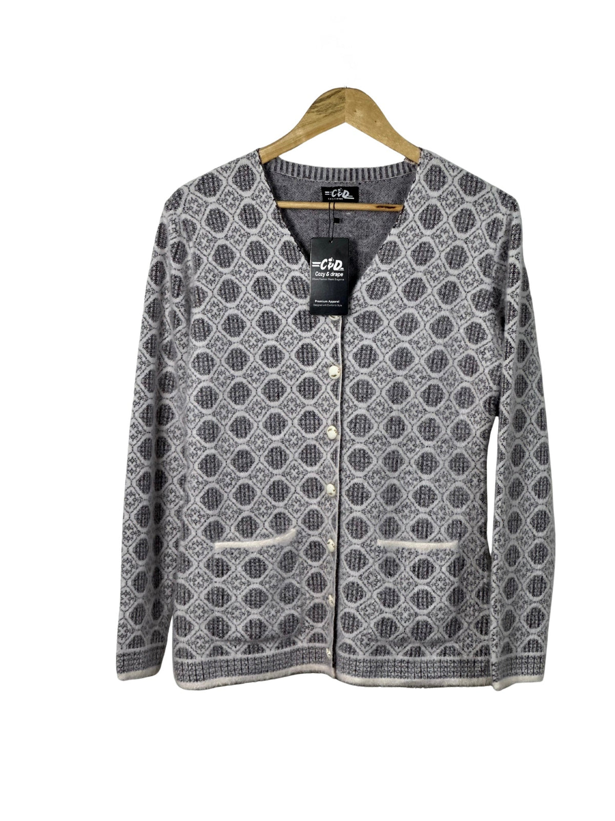 Cozy&Drape grey and white patterned full sleeve cardigan sweater with front pockets and button-down closure