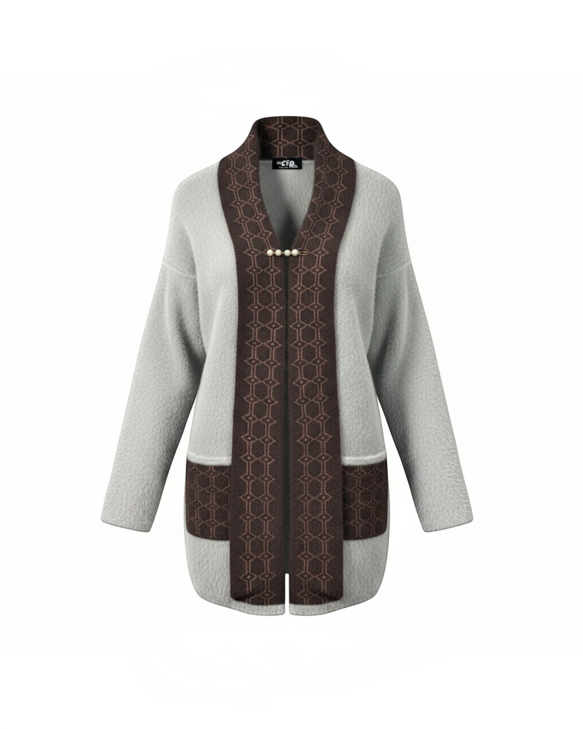 Cozy&Drape fuzzy knit cardigan in grey with a brown geometric patterned muffler front and pearl brooch closure.