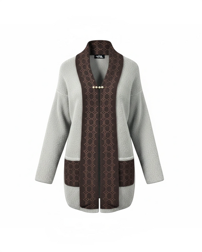 Cozy&Drape fuzzy knit cardigan in grey with a brown geometric patterned muffler front and pearl brooch closure.