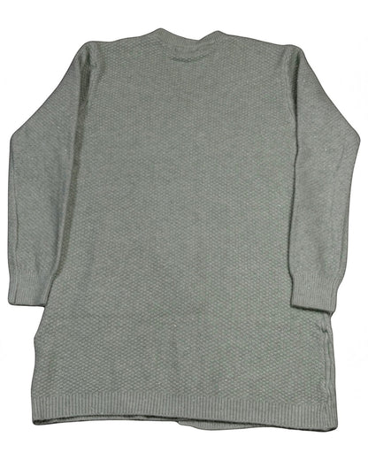 Cozy&Drape long grey knit cardigan with subtle shimmer, featuring a textured pattern and ribbed hem and cuffs.