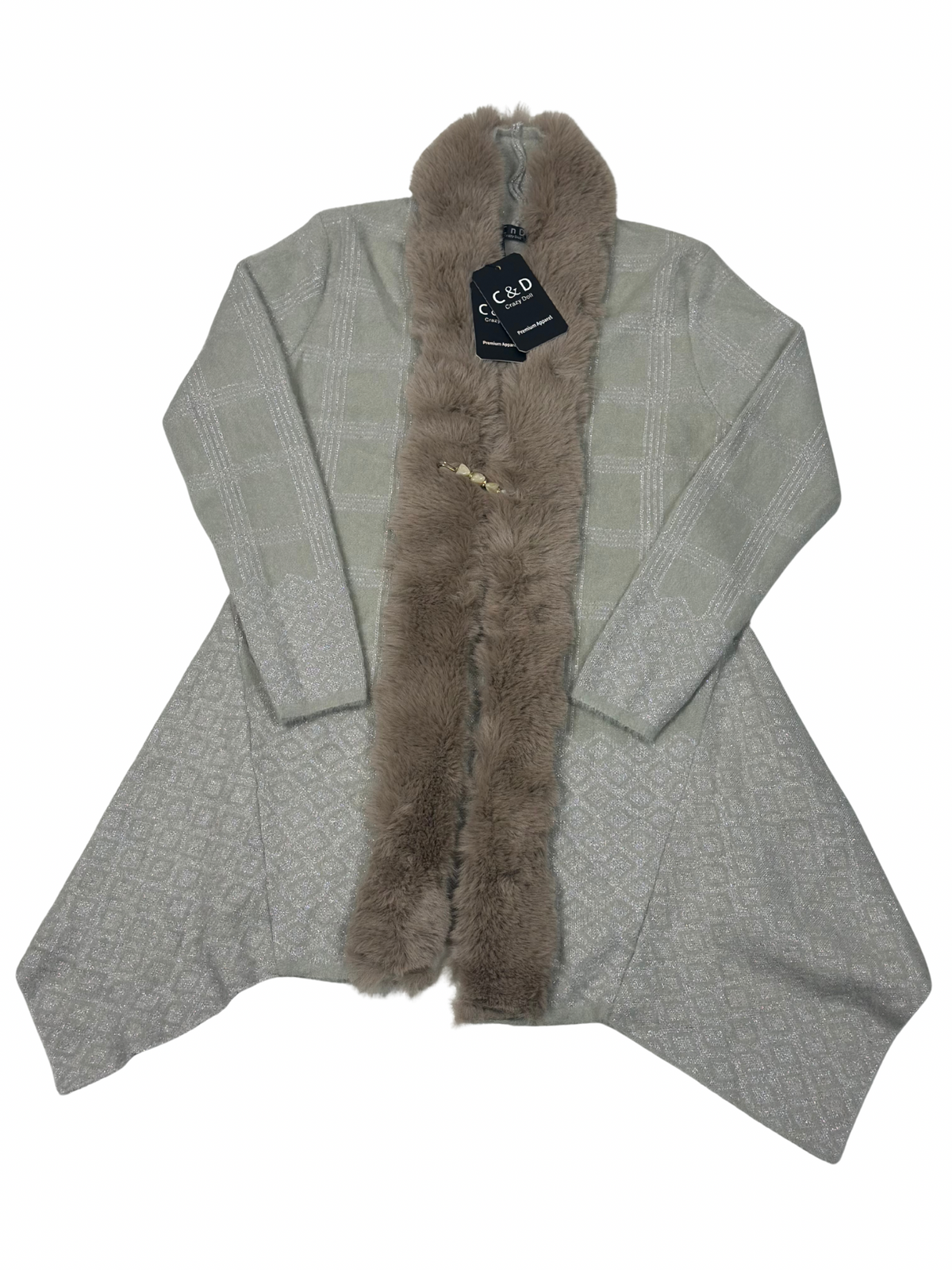 Cozy&Drape open shrug cardigan in light grey with a soft brown faux fur muffler collar and geometric pattern