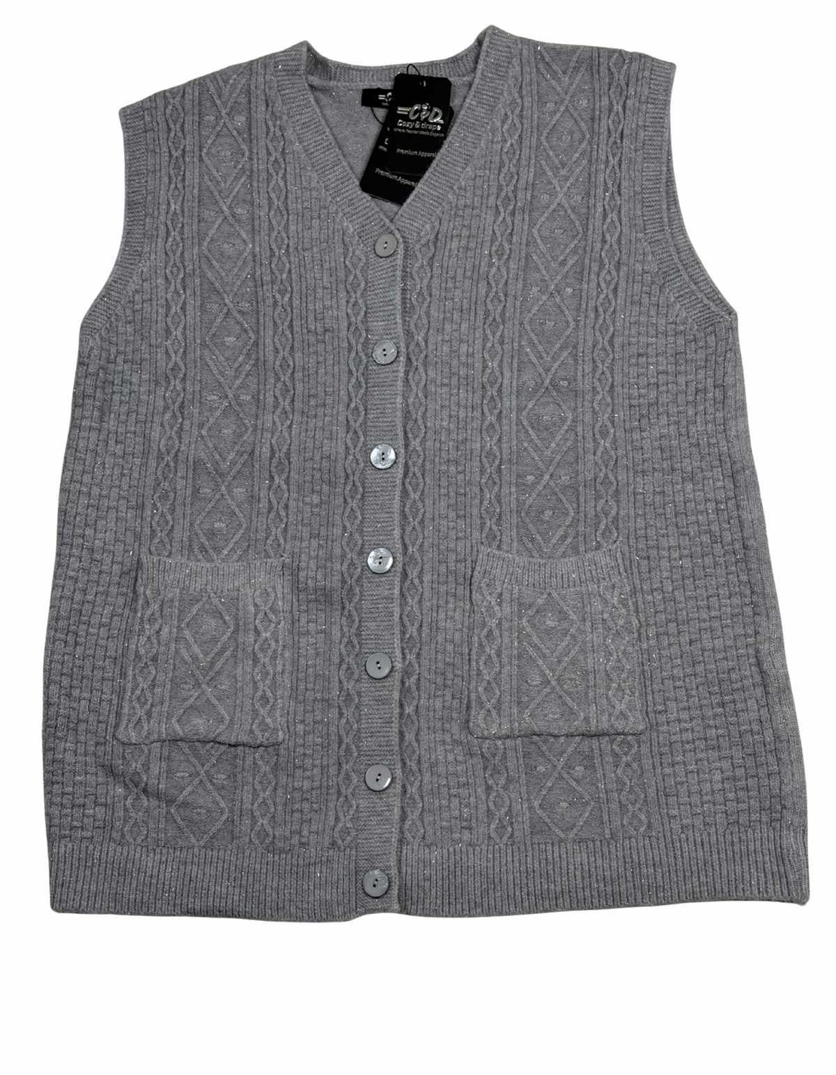 Cozy&Drape grey sleeveless wool cardigan sweater with a cable knit pattern, button front, and two front pockets.