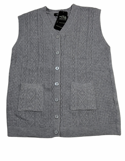 Cozy&Drape grey sleeveless wool cardigan sweater with a cable knit pattern, button front, and two front pockets.