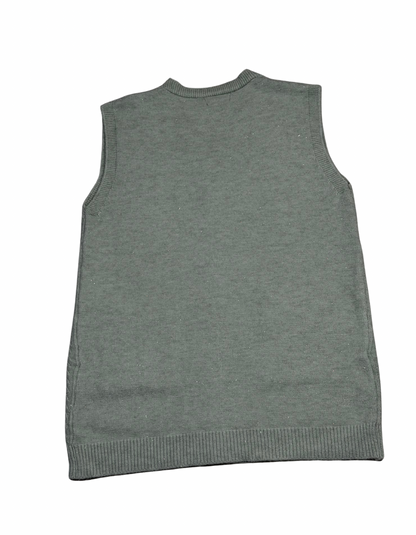 Cozy&Drape sleeveless wool cardigan sweater in grey with a ribbed hem and crew neck, back view.
