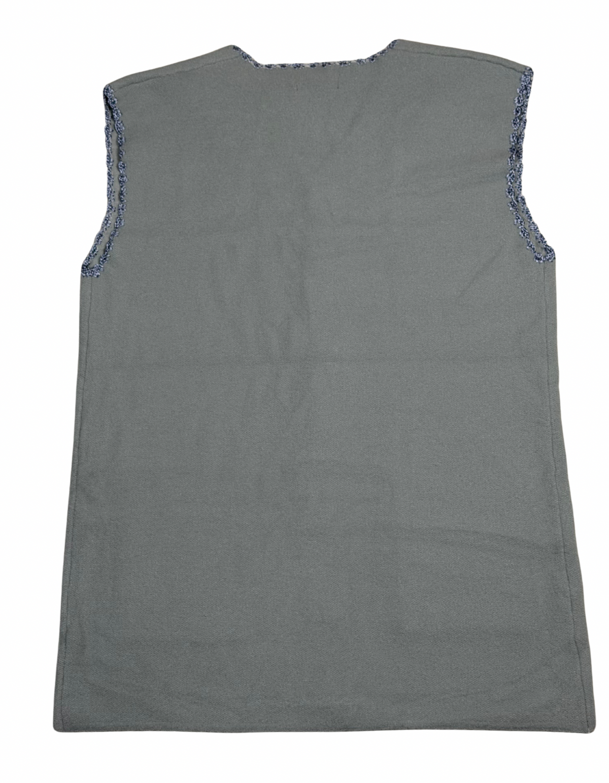 Cozy&Drape grey sleeveless wool cardigan sweater with textured trim detail on armholes