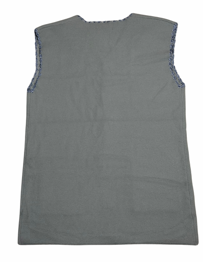 Cozy&Drape grey sleeveless wool cardigan sweater with textured trim detail on armholes