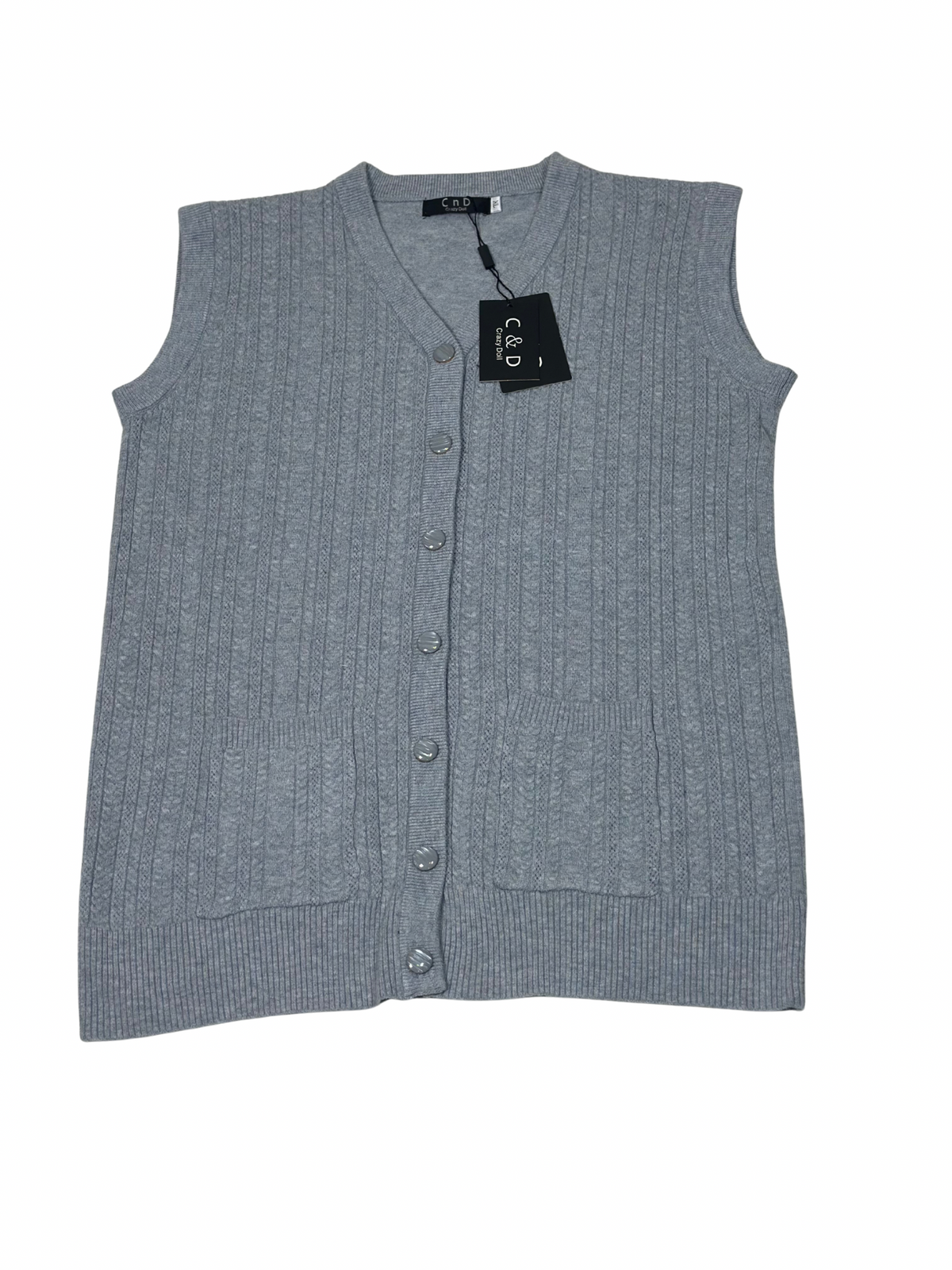 Cozy&Drape grey wool sleeveless cardigan sweater with a button-up front and two convenient pockets.