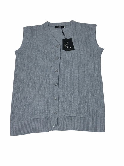 Cozy&Drape grey wool sleeveless cardigan sweater with a button-up front and two convenient pockets.