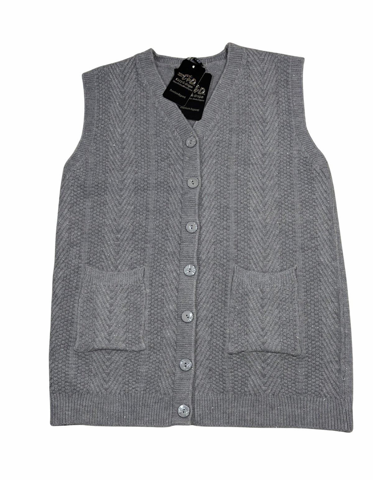 Cozy&Drape grey wool sleeveless cardigan sweater with a V-neck, button-up front, and two patch pockets.