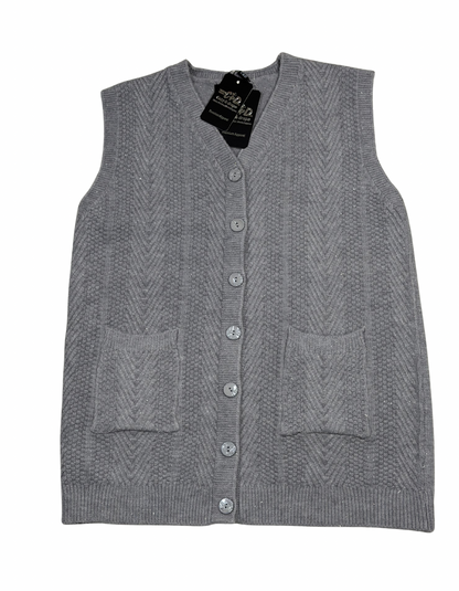 Cozy&Drape grey wool sleeveless cardigan sweater with a V-neck, button-up front, and two patch pockets.