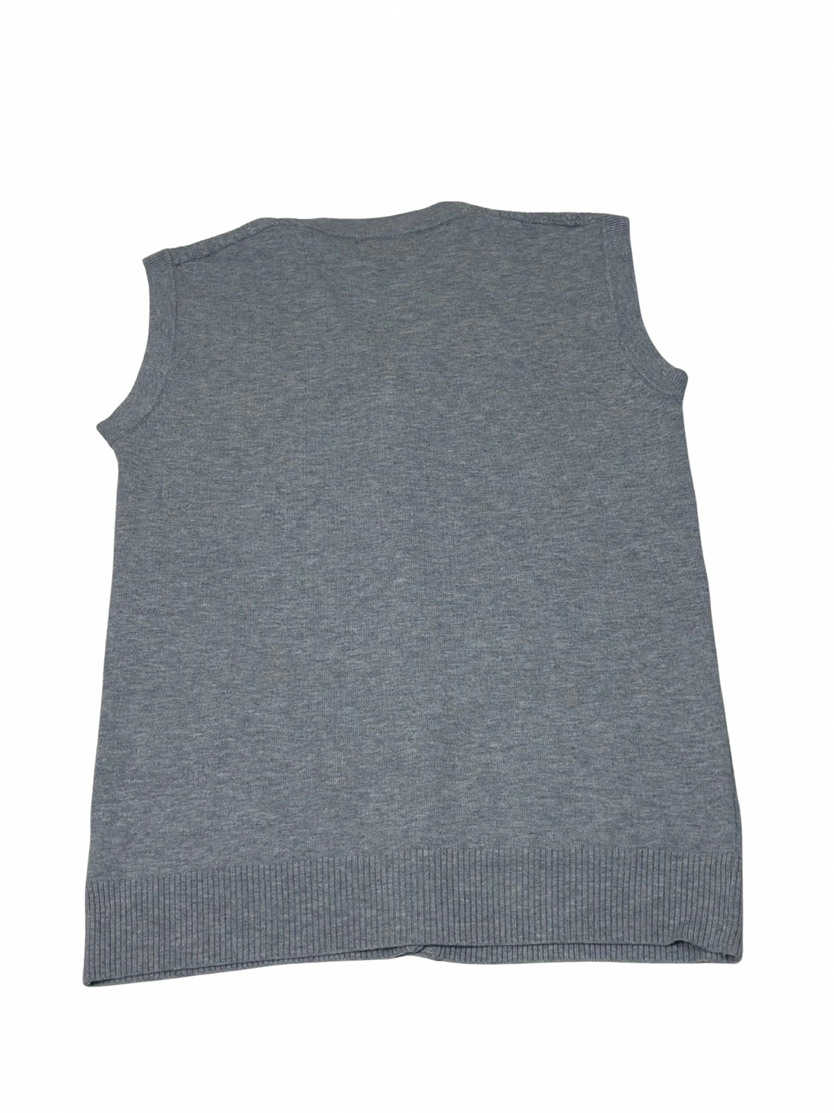Cozy&Drape grey sleeveless wool cardigan sweater with a ribbed hem, shown from the back.