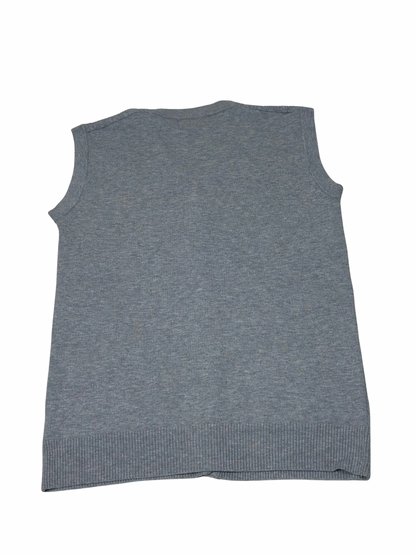 Cozy&Drape grey sleeveless wool cardigan sweater with a ribbed hem, shown from the back.