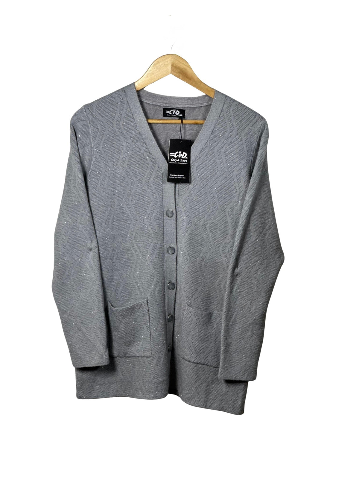 Cozy&Drape grey full sleeve cardigan sweater with a textured geometric pattern, front buttons, and two pockets.