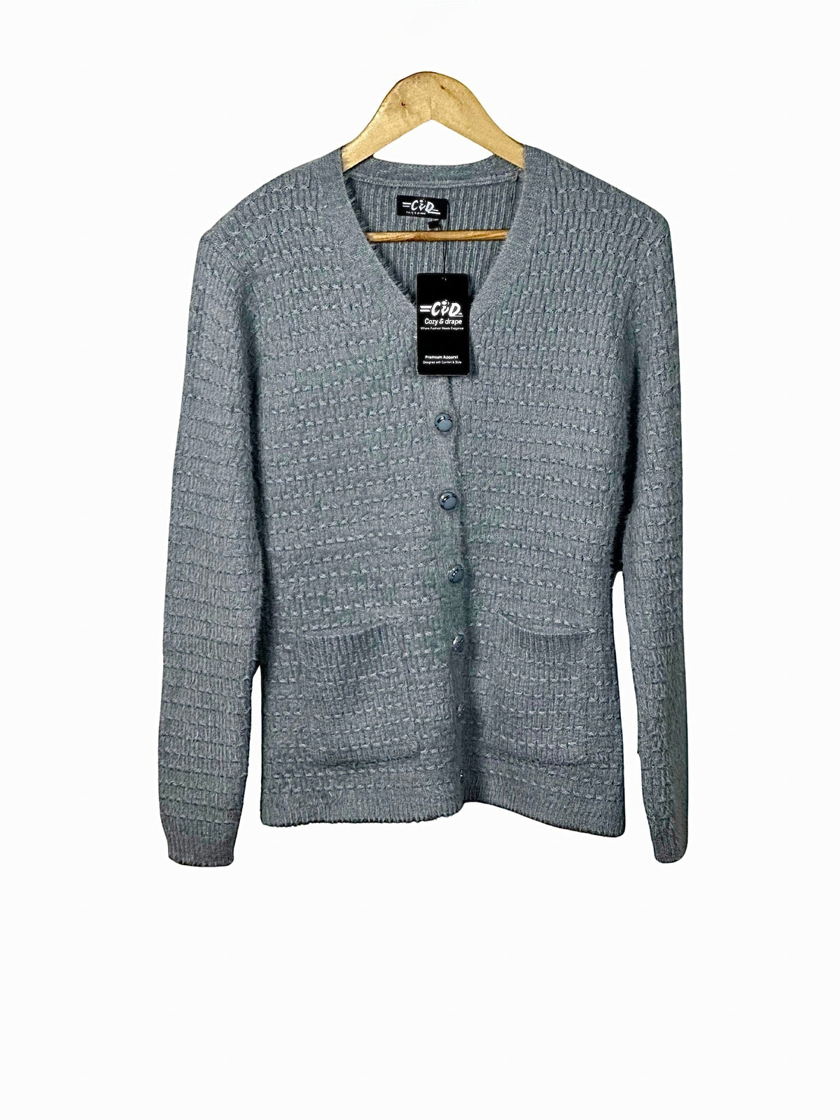 Cozy&Drape grey textured knit cardigan sweater with a V-neck, button-up front, and two convenient front pockets.