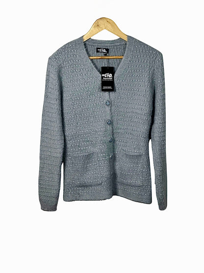 Cozy&Drape grey textured knit cardigan sweater with a V-neck, button-up front, and two convenient front pockets.
