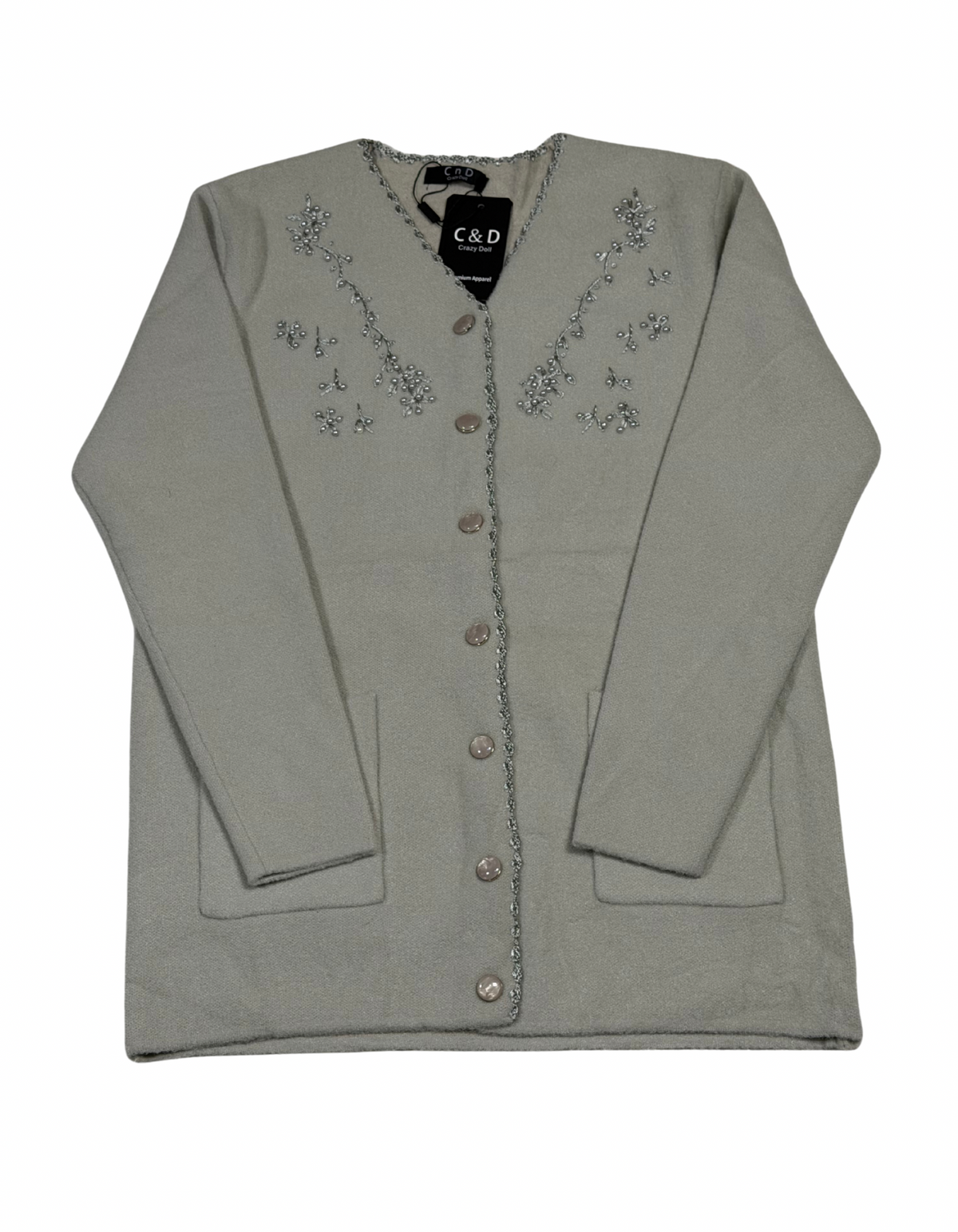 Cozy&Drape grey wool cardigan with front buttons, pockets, and delicate floral beadwork along the V-neckline.