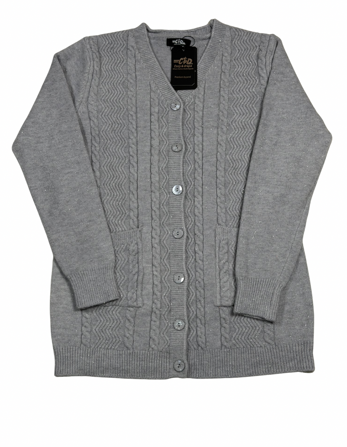 Cozy&Drape grey wool cardigan sweater with cable knit texture, front button closure, and two convenient pockets.