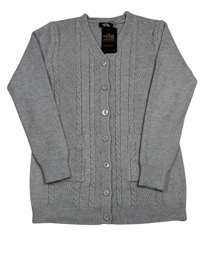 Cozy&Drape grey wool cardigan sweater with cable knit texture, front button closure, and two convenient pockets.