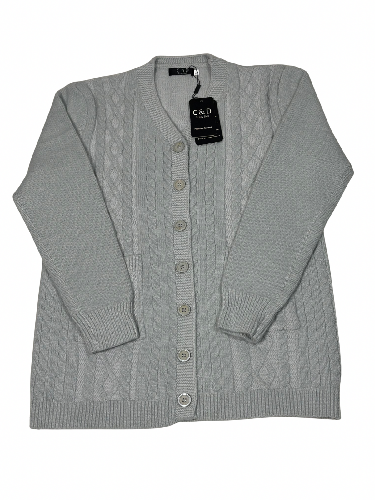 Cozy&Drape grey wool cardigan sweater with cable knit texture, front button closure, and convenient pockets.