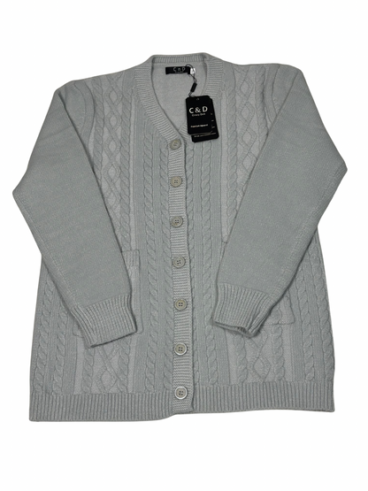 Cozy&Drape grey wool cardigan sweater with cable knit texture, front button closure, and convenient pockets.