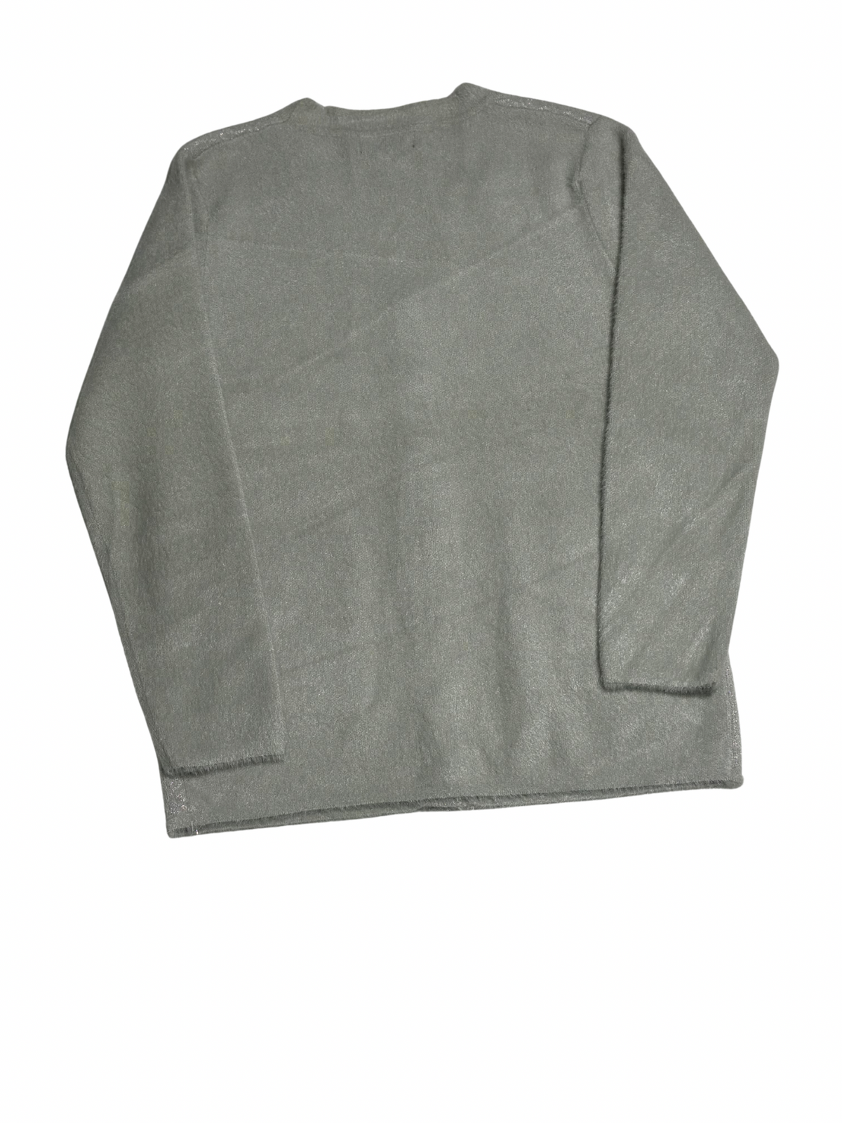 Cozy&Drape grey wool long sleeve cardigan sweater with a soft texture, shown from the back view.