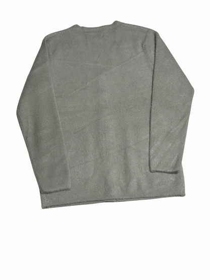 Cozy&Drape grey wool long sleeve cardigan sweater with a soft texture, shown from the back view.