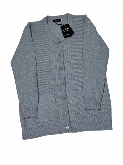 Cozy&Drape grey wool cardigan sweater with long sleeves, button-up front, and two convenient pockets.