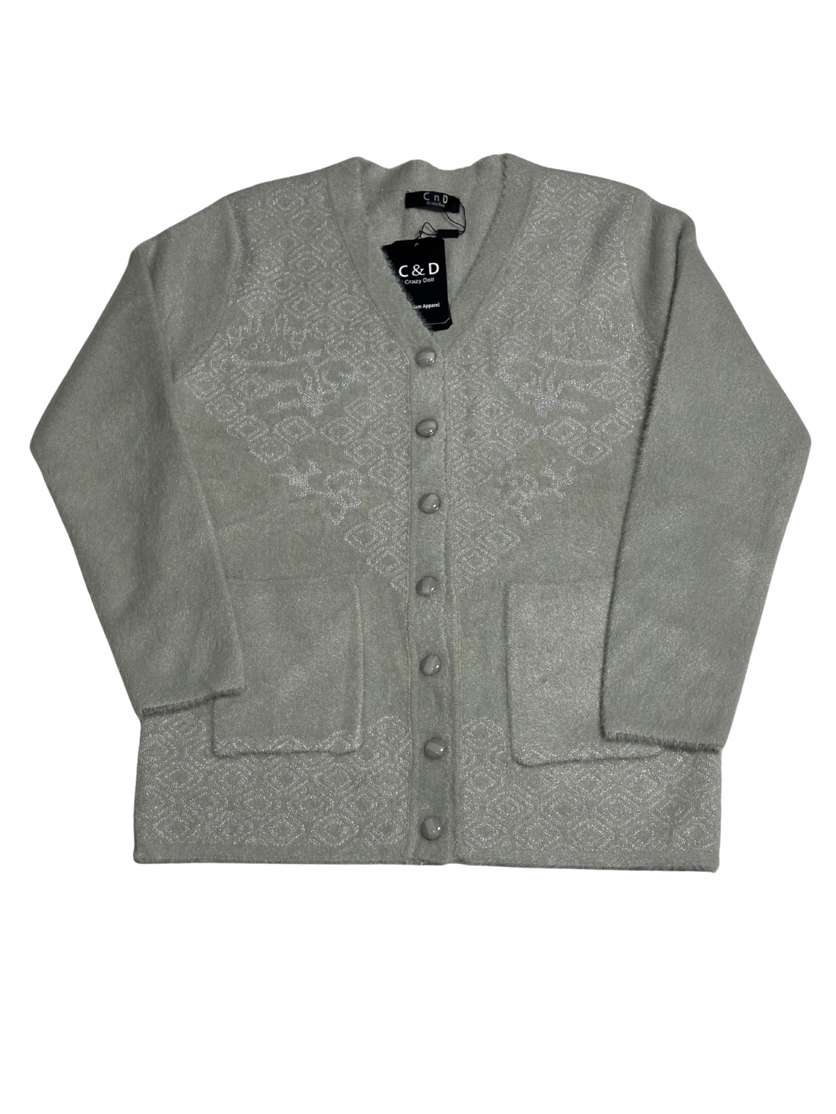 Cozy&Drape grey wool cardigan sweater with front pockets, button-down front, and subtle geometric pattern.