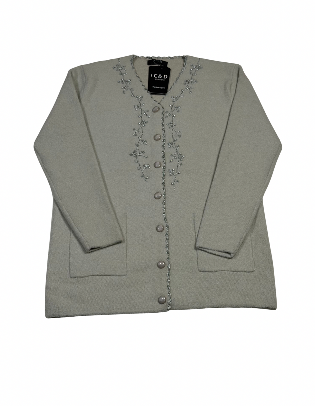 Cozy&Drape wool cardigan in light grey with front button closure, pockets, and delicate silver floral embroidery.