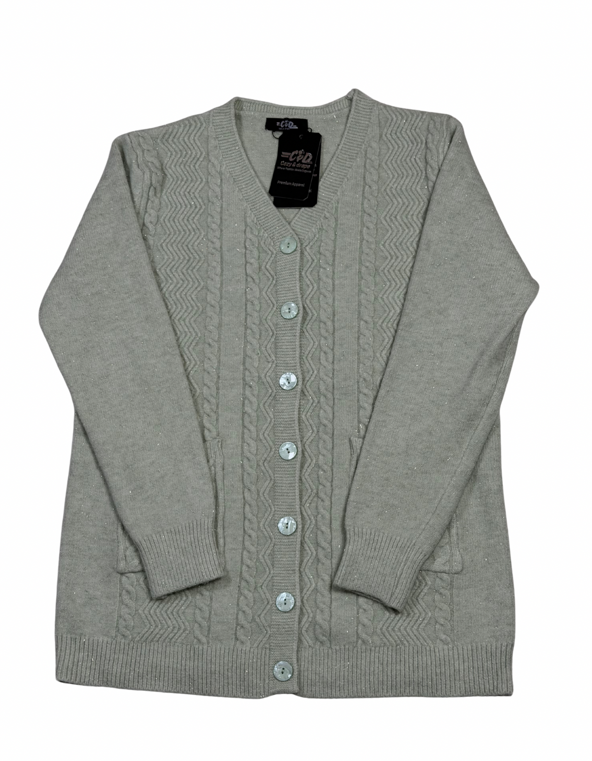 Cozy&Drape grey wool cardigan sweater with a cable knit pattern, button-down front, and two convenient pockets.