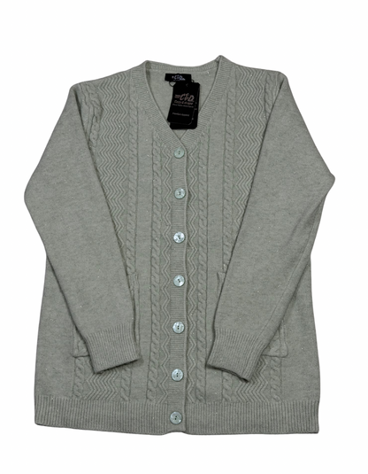 Cozy&Drape grey wool cardigan sweater with a cable knit pattern, button-down front, and two convenient pockets.