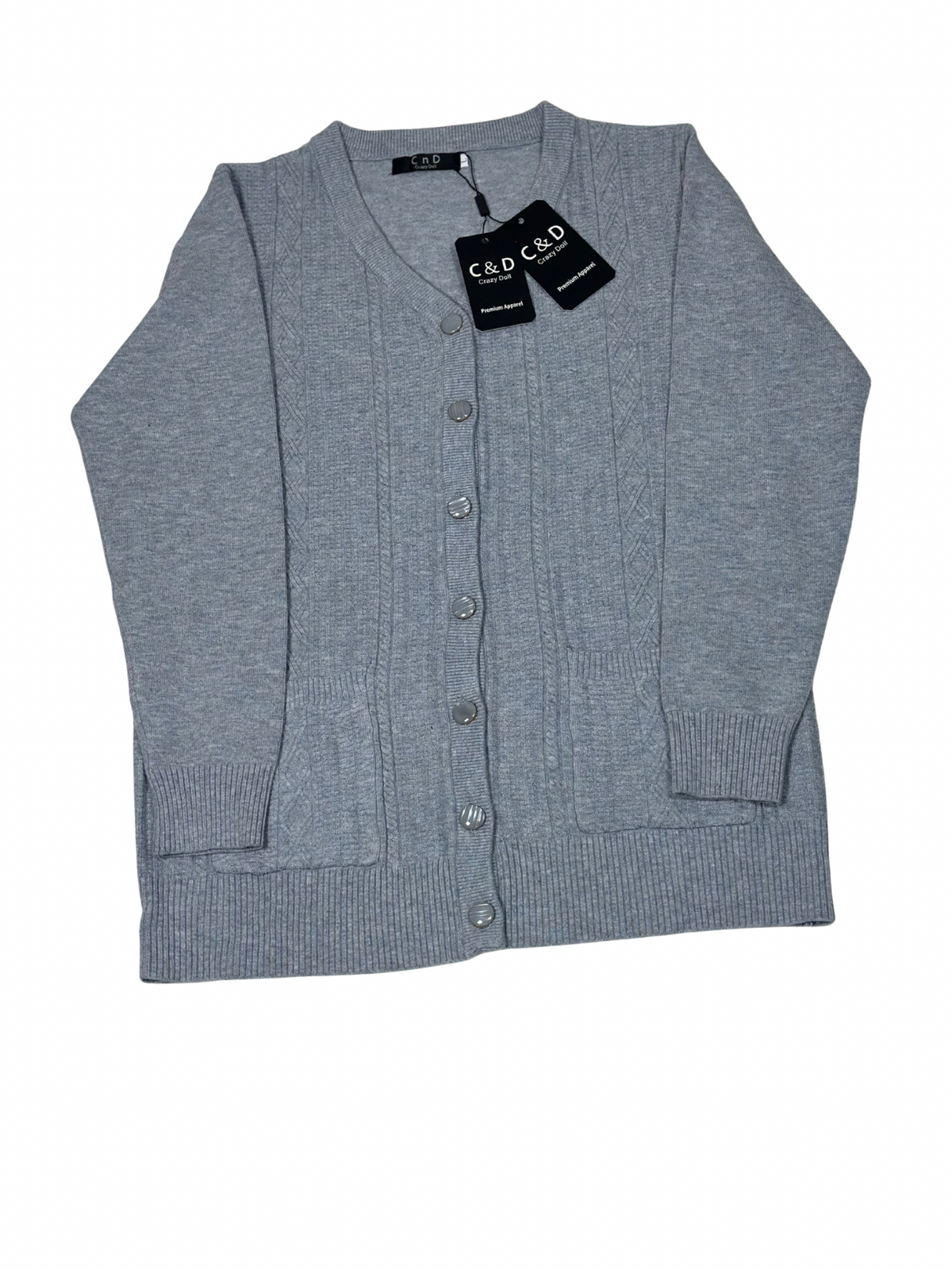 Cozy&Drape grey wool cardigan sweater with a button-up front, ribbed cuffs, and two convenient front pockets.