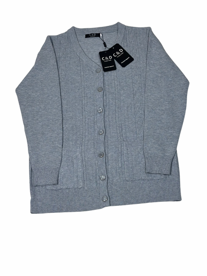Cozy&Drape grey wool cardigan sweater with a button-up front, ribbed cuffs, and two convenient front pockets.