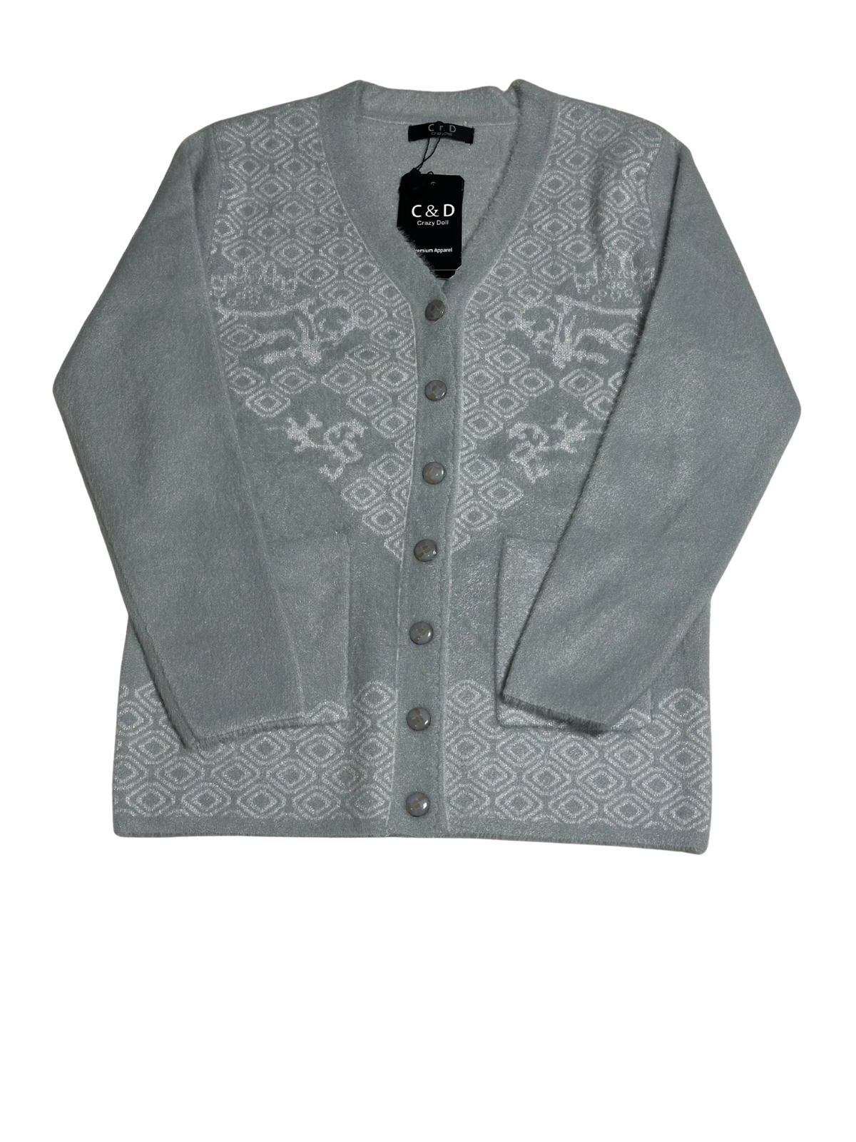 Cozy&Drape Smart Mama wool cardigan in light grey with geometric patterns, front buttons, and two pockets.