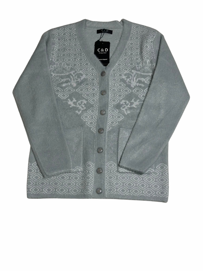 Cozy&Drape Smart Mama wool cardigan in light grey with geometric patterns, front buttons, and two pockets.