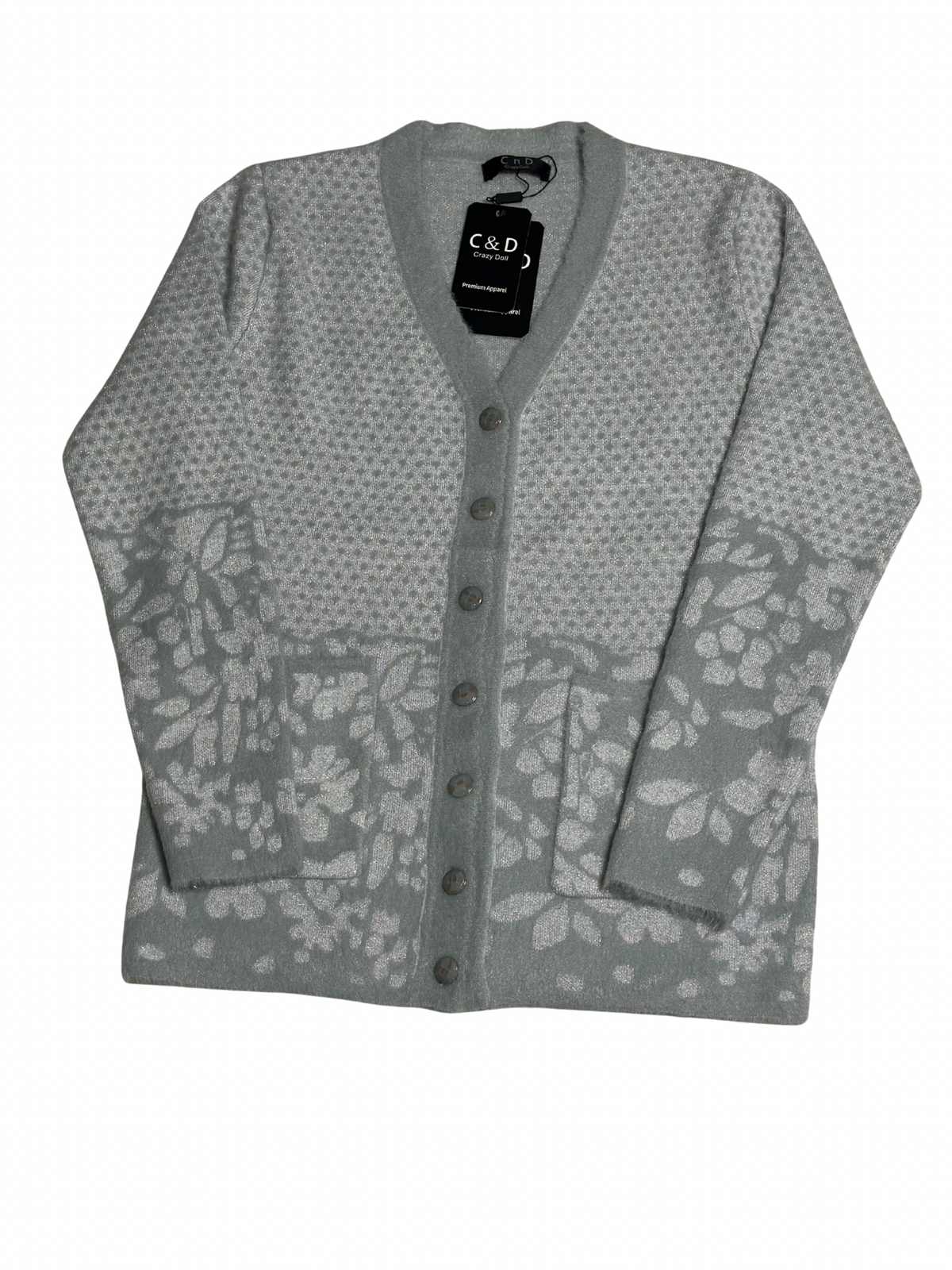 Cozy&Drape grey wool cardigan sweater with a floral pattern, V-neck, button-down front, and two convenient pockets.