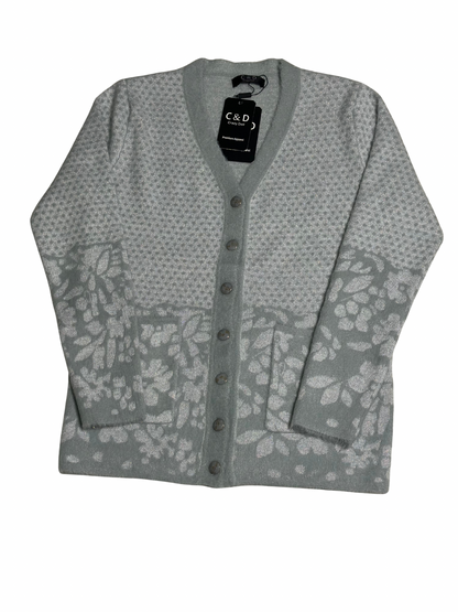 Cozy&Drape grey wool cardigan sweater with a floral pattern, V-neck, button-down front, and two convenient pockets.