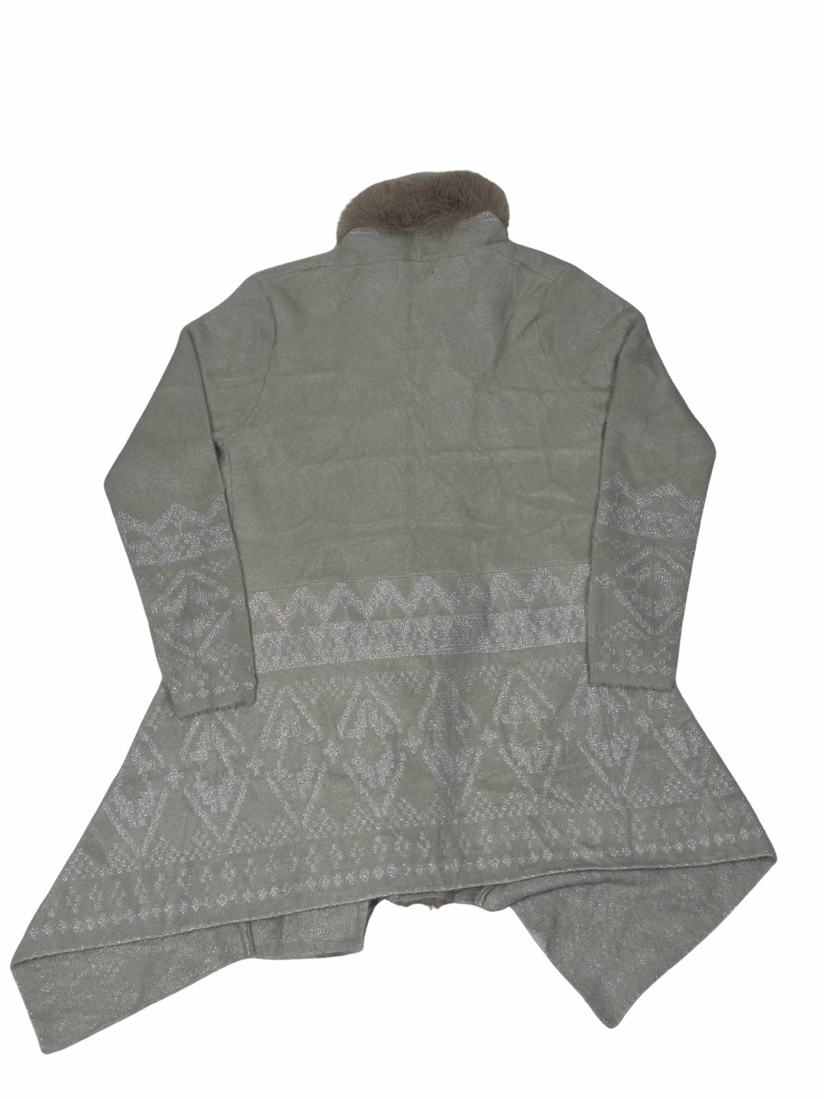 Cozy&Drape grey wool cardigan shrug with attached muffler and silver geometric pattern, back view