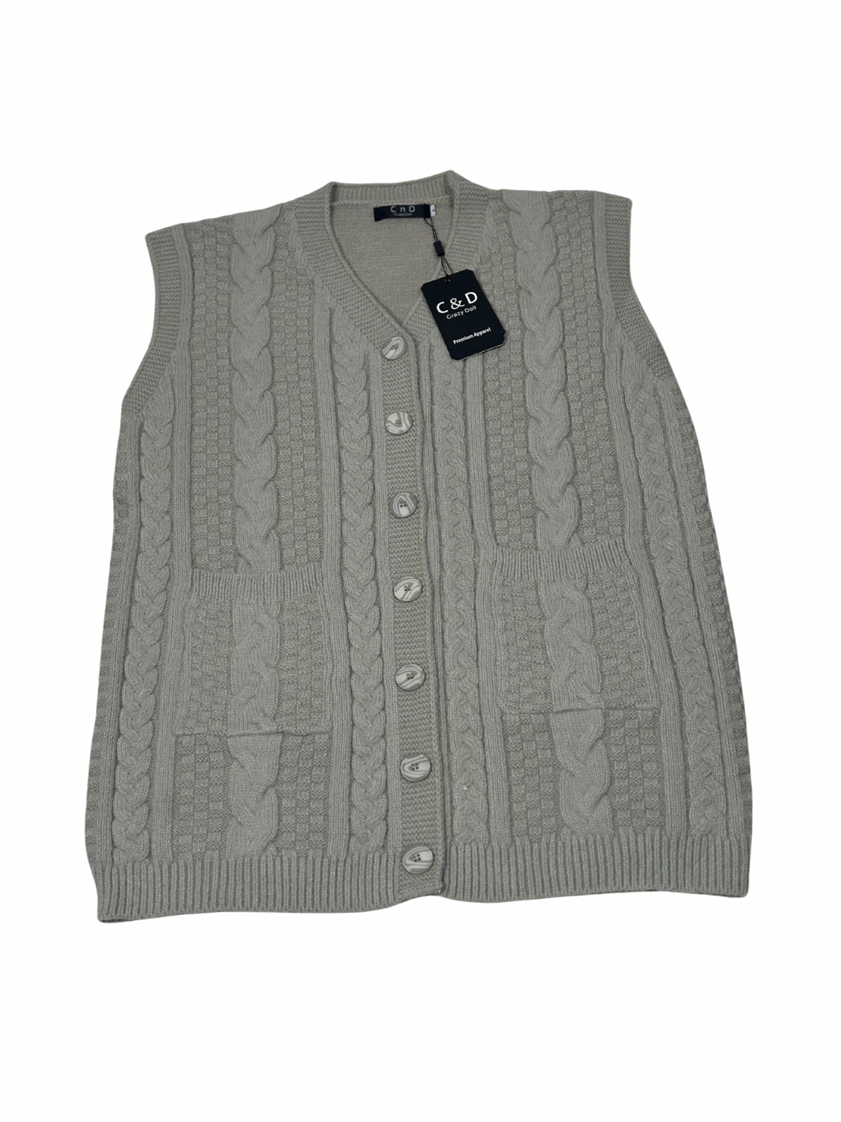 Cozy&Drape sleeveless cable knit cardigan sweater in light grey wool with front buttons and pockets