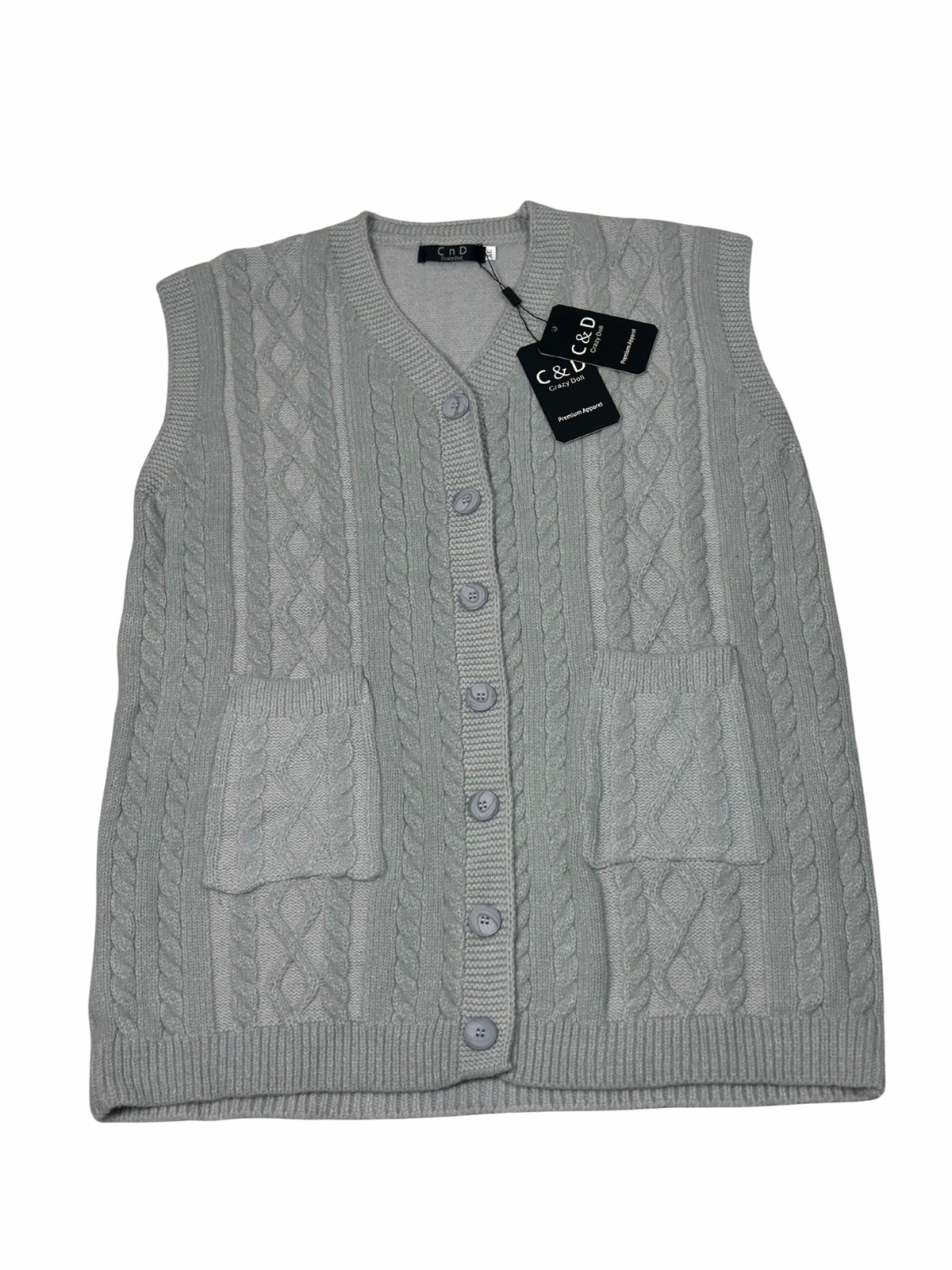Cozy&Drape grey wool sleeveless cardigan sweater with cable knit pattern, button front, and two front pockets.