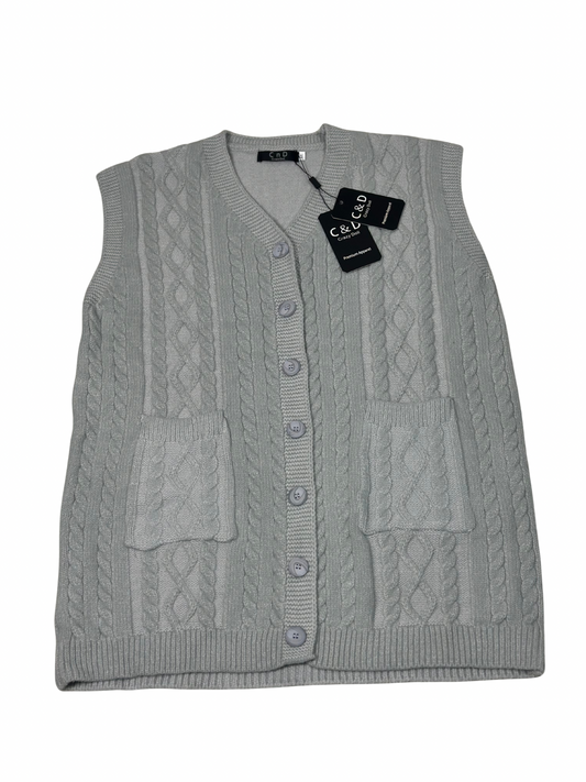 Cozy&Drape grey wool sleeveless cardigan sweater with cable knit pattern, button front, and two front pockets.