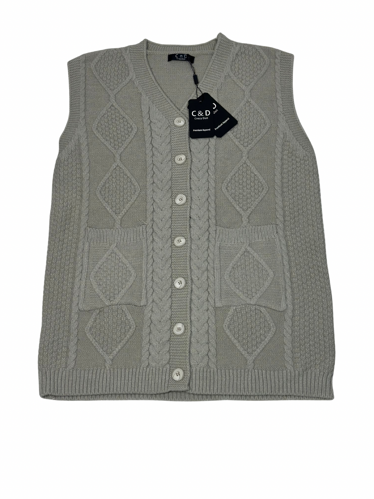 Cozy&Drape sleeveless wool cardigan sweater in grey with cable knit diamond pattern, front buttons, and pockets.