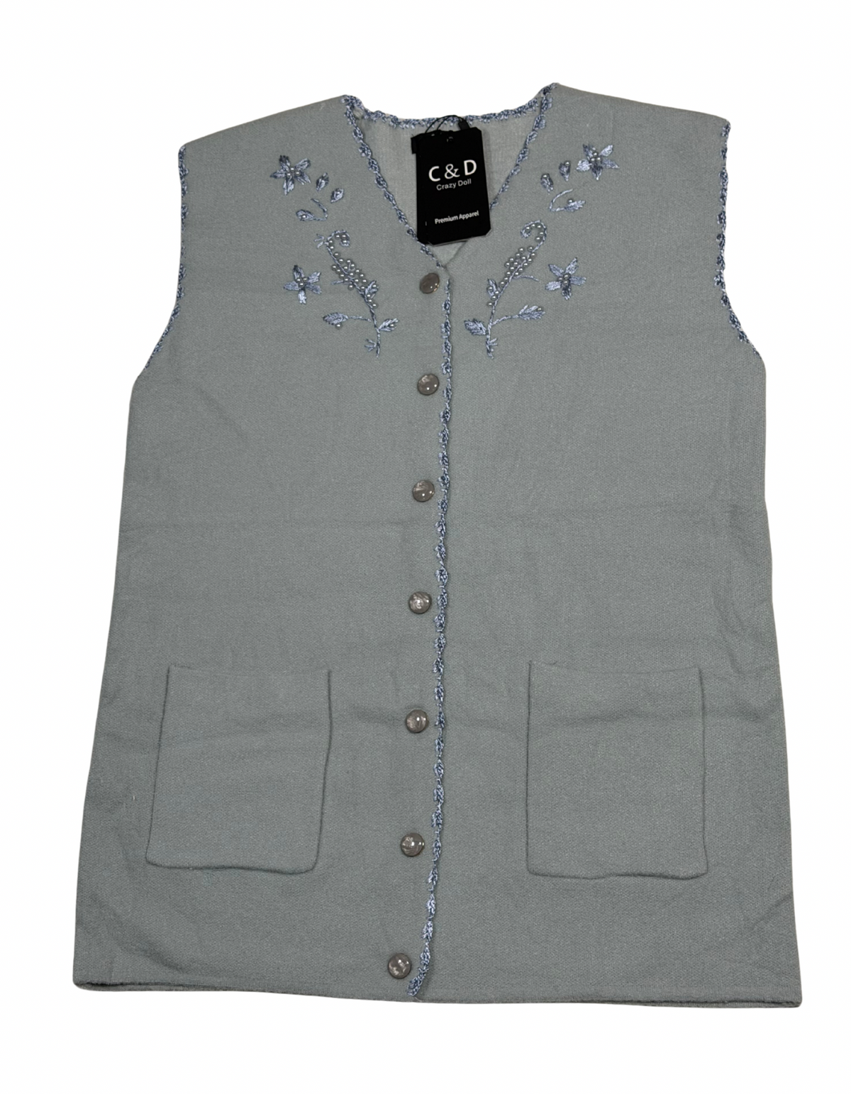 Cozy&Drape sleeveless wool cardigan in grey with floral embroidery, button front, and two patch pockets.