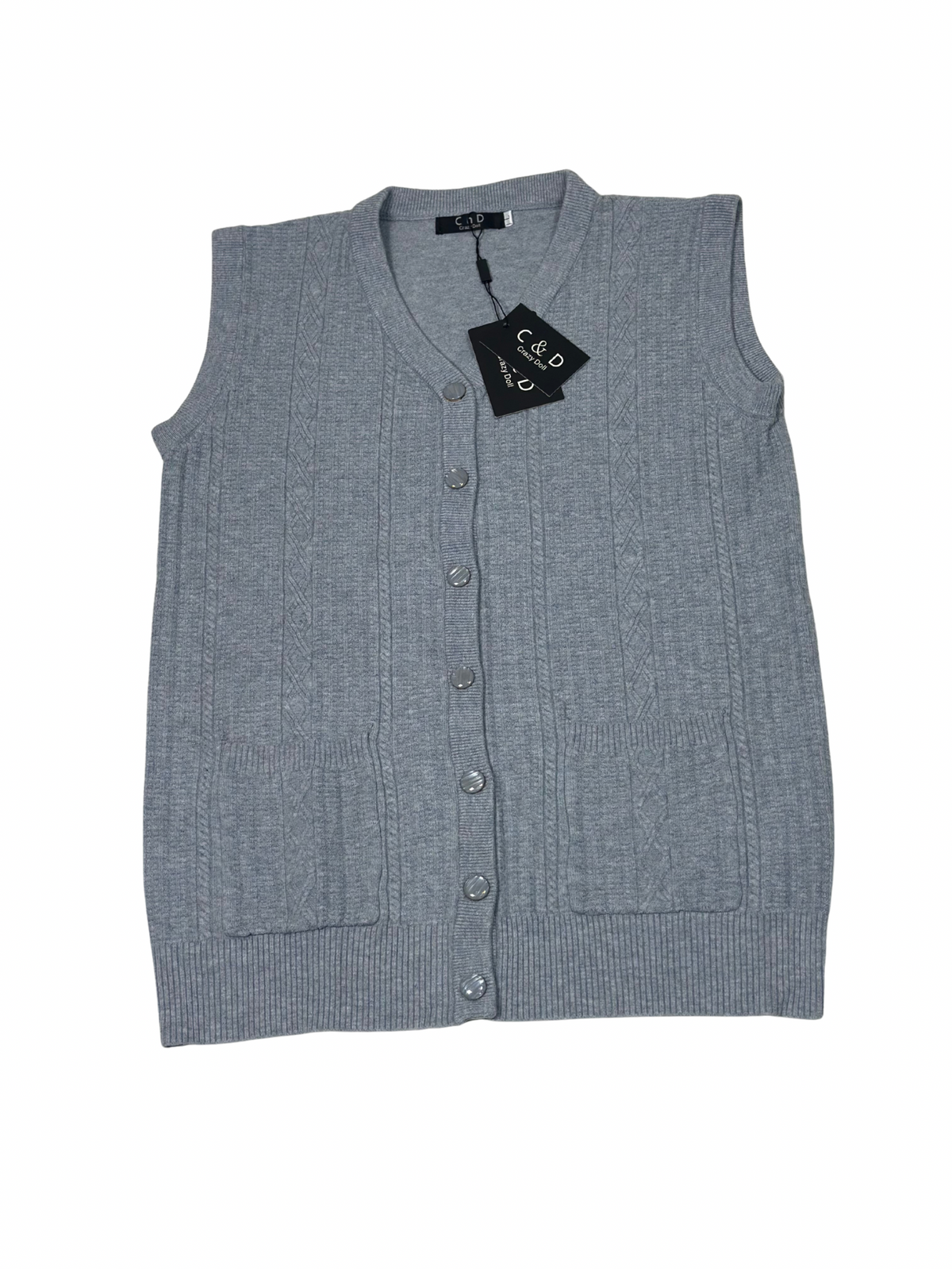 Cozy&Drape grey sleeveless wool cardigan sweater with a V-neck, button front, and two front pockets.