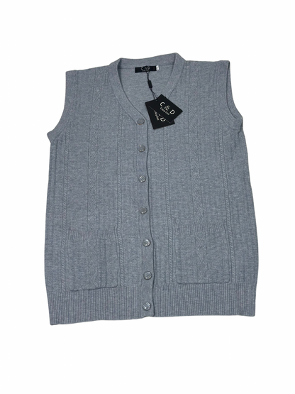 Cozy&Drape grey sleeveless wool cardigan sweater with a V-neck, button front, and two front pockets.