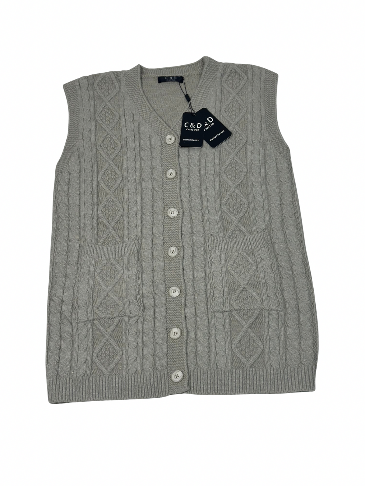 Cozy&Drape sleeveless wool cardigan sweater in grey with a cable knit pattern, front buttons, and two pockets.